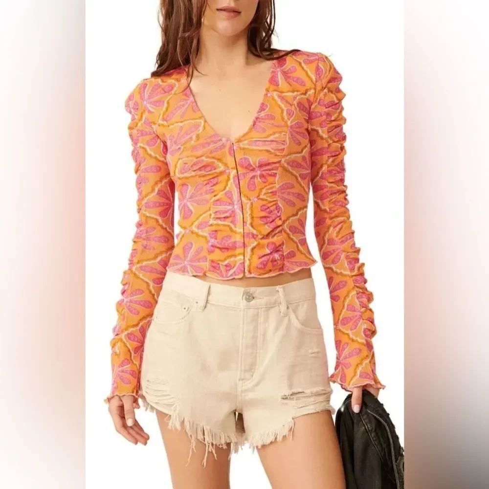 Free People NWT Through The Meadow Ruched Mesh Top in Grapefruit Seltzer size M